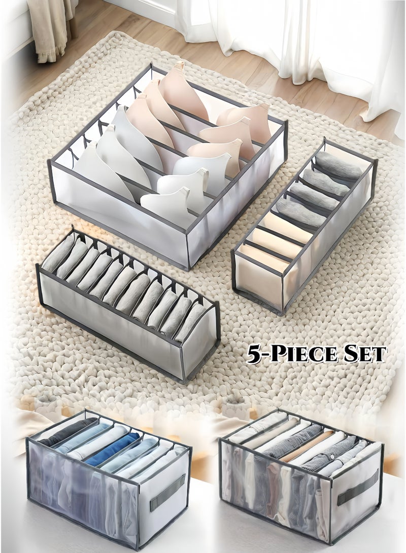 5 Pieces Grey Foldable Mesh Storage Organizer ,Underwear and Bras Drawer Organizers,Clothing Storage  Box  ,No-Smell ,Breathable, Underwear Sock Drawer Dividers, for Underwear, Bras, Shirts, Jeans & Towels , Home & Travel Organization for Closet, Wardrobe & Ramadan Decluttering - Image 1